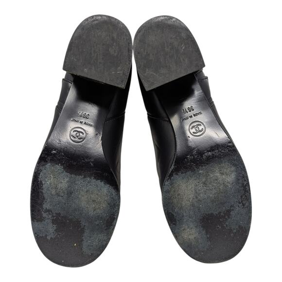 Chanel 2016 black leather calf height pearl button gold heel boots CC logo 36.5 - Picture 12 of 15